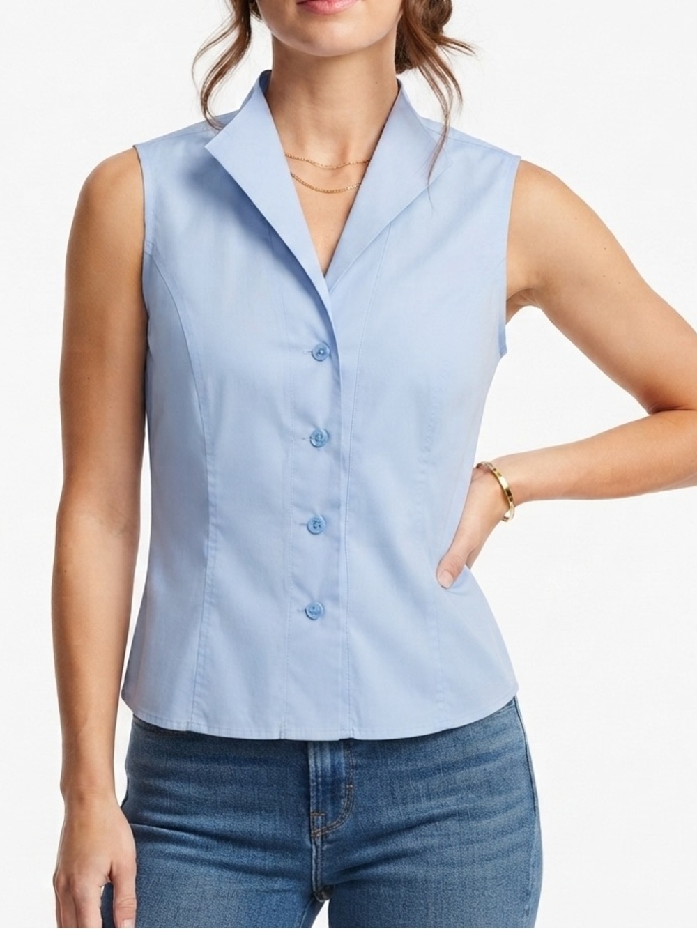 Jones New York Shirt Collection Platinum Sleeveless Collared Non Iron Blue 14